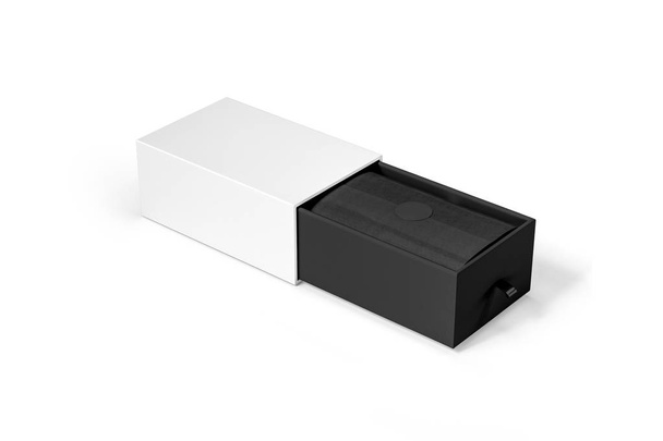 Подарочная упаковка коробка макет с оберточной бумагой изолированы на мягком сером фоне. 3D рендеринг
 - Фото, изображение
