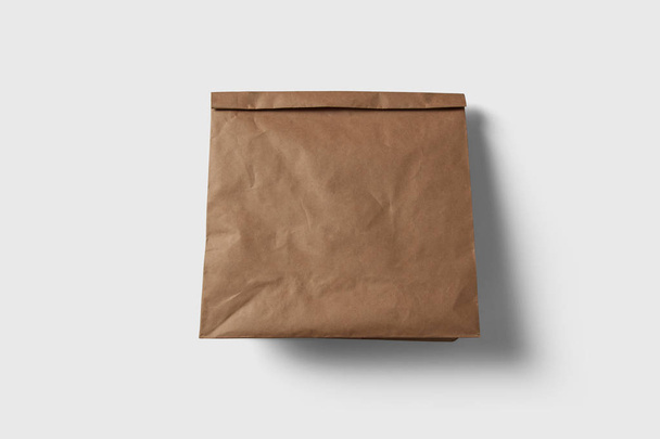 Paper Bag Package Of Coffee, Salt, Sugar, Pepper, Spices Or Flour, Filled, Folded, Close, White. Ready For Your Design. Snack Product Packing isolated on soft gray background.High resolution photo. - Photo, Image
