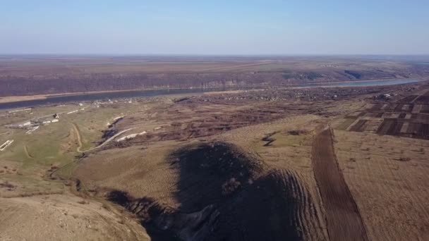 Bird Eye View of the Fields and Agricultural Parcel. River and small village. Moldova republic of. Aerial Views. - Footage, Video