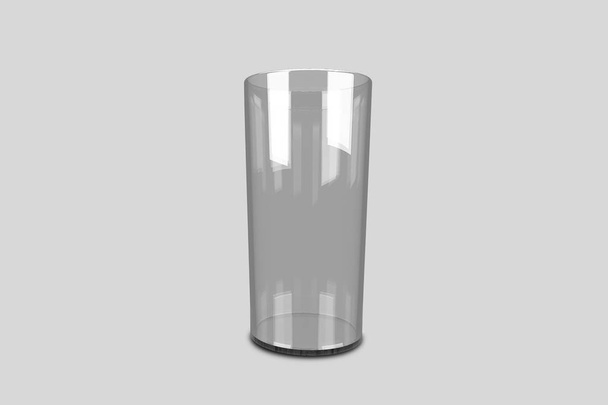 Lege glazen drinkbeker geïsoleerd op zachte grijze achtergrond. 3D-rendering. - Foto, afbeelding