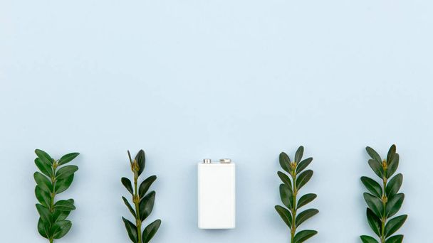 Οικολογική ενέργεια ή πράσινη δύναμη εικονογράφηση με λευκό μπαταρία και  - Φωτογραφία, εικόνα