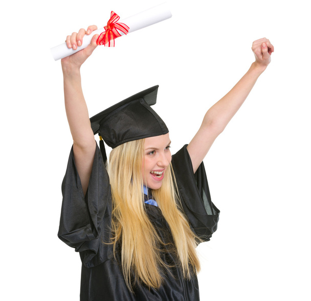 Szczęśliwa młoda kobieta w studiach suknia z dyplomem radości succ - Zdjęcie, obraz