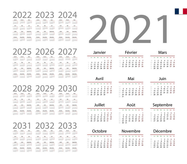 Γαλλικό ημερολόγιο για 2021. Η εβδομάδα ξεκινά τη Δευτέρα - Διάνυσμα, εικόνα