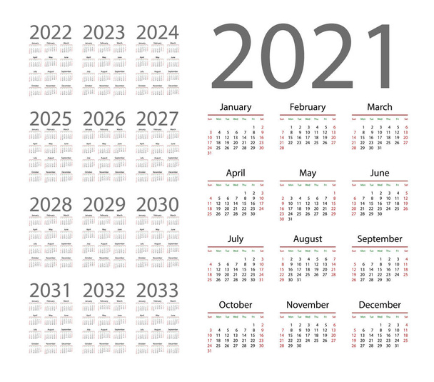 Englischer Kalender für die Jahre 2021-2033, die Woche beginnt am Sonntag - Vektor, Bild