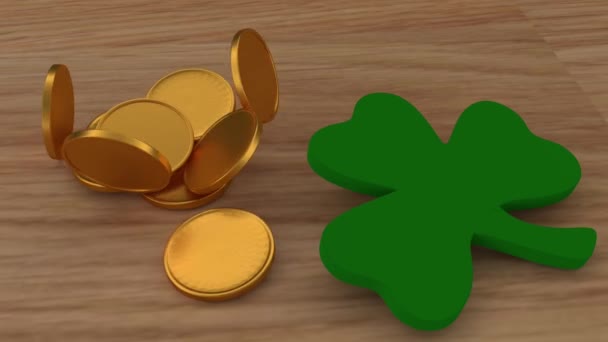 3D animation χρυσά νομίσματα που πέφτουν στο τραπέζι ξύλινο, κοντά στο ένα τριφύλλι. Εορτασμός της ημέρας του Αγίου Πατρικίου. - Πλάνα, βίντεο