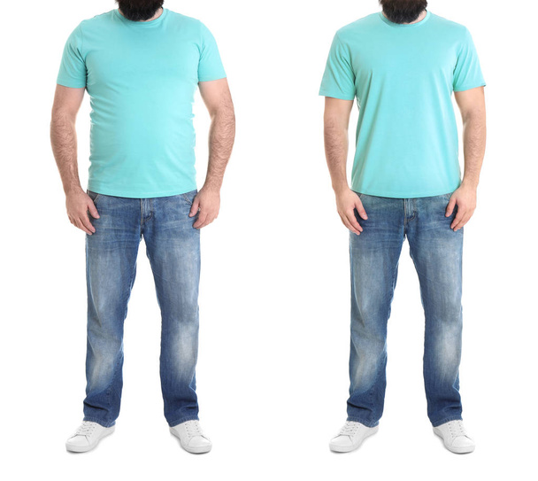 Homem com excesso de peso antes e depois da perda de peso no fundo branco, close-up
 - Foto, Imagem