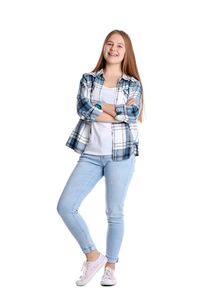 Portrait of pretty teenage girl on white background - Photo, Image