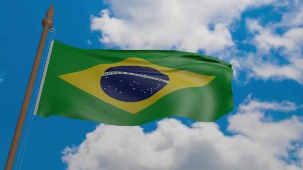 Bandera nacional de Brasil soplando en el viento. representación 3d, bandera ondeando en el cielo azul
. - Metraje, vídeo