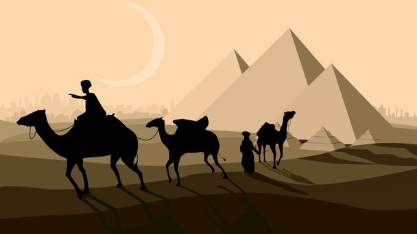 Vector bedouin caravan camels against over pyramids. - Vector, Image