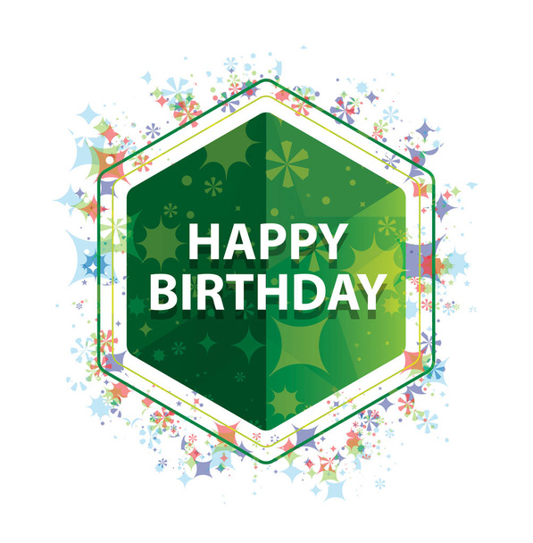 Happy Birthday floral plants pattern green hexagon button - Photo, Image