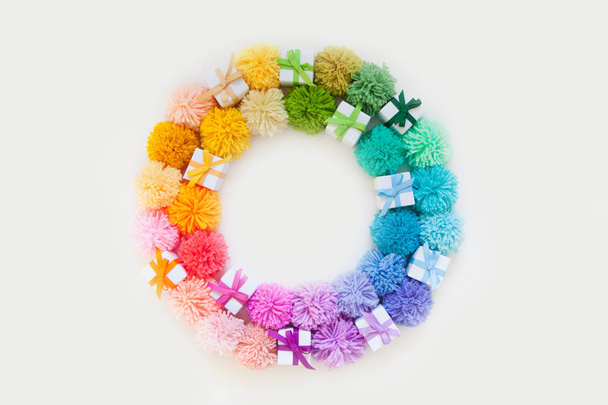 Pompons of colored yarn. White background. Bright colours. - Zdjęcie, obraz