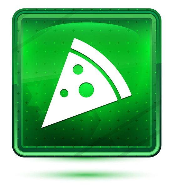 Pizza slice icon neon light green square button - Фото, изображение