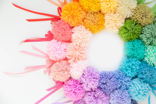 Pompons of colored yarn. White background. Bright colours. - Zdjęcie, obraz