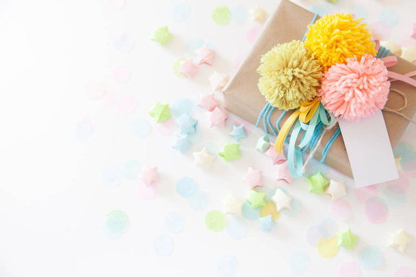 Colored gift boxes with colorful ribbons and pompon. white backg - Fotografie, Obrázek