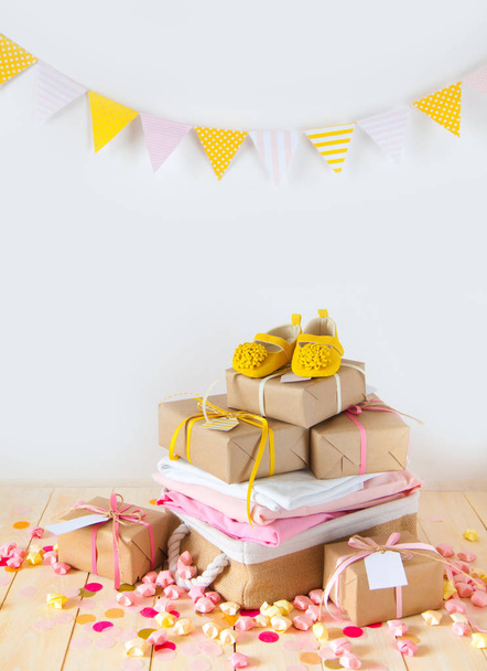 Gifts and pink decorations for girl baby shower indoors.  - Photo, Image