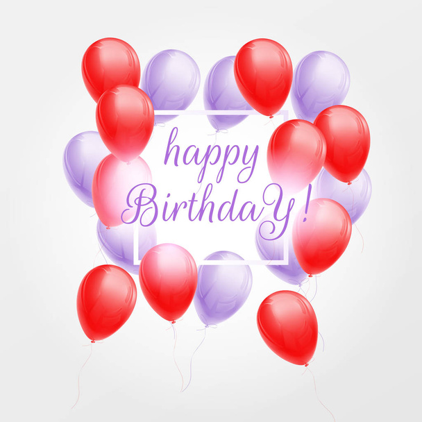 Karta urodzinowa z balony czerwony i fioletowy - Wektor, obraz