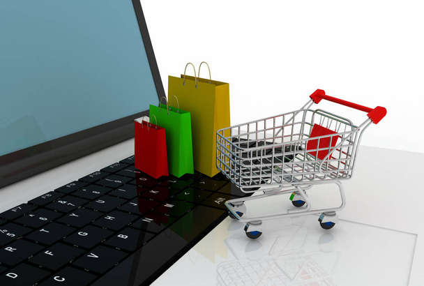 laptop cart and shopping bag. 3d illustration - Photo, Image