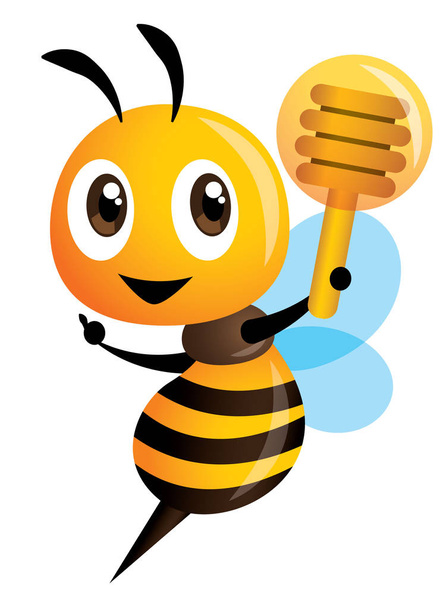 Cartoon abeille mignonne pointant et tenant une trempette au miel. illustration vectorielle isolée
  - Vecteur, image