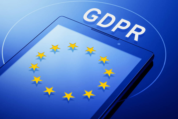 General Data Protection Statement (GDPR) on mobile phone with EU flag - Foto, Bild