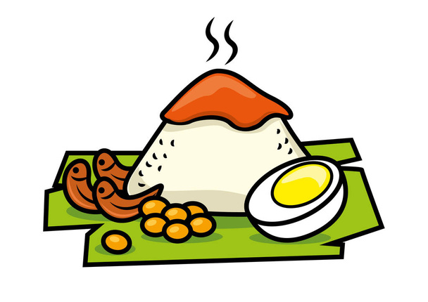 Nourriture traditionnelle malaise. Riz Nasi Lemak avec œuf bouilli, cacahuètes, feuille de banane. Garniture Sambal épicée. Plats de Nasi Lemak
.  - Vecteur, image