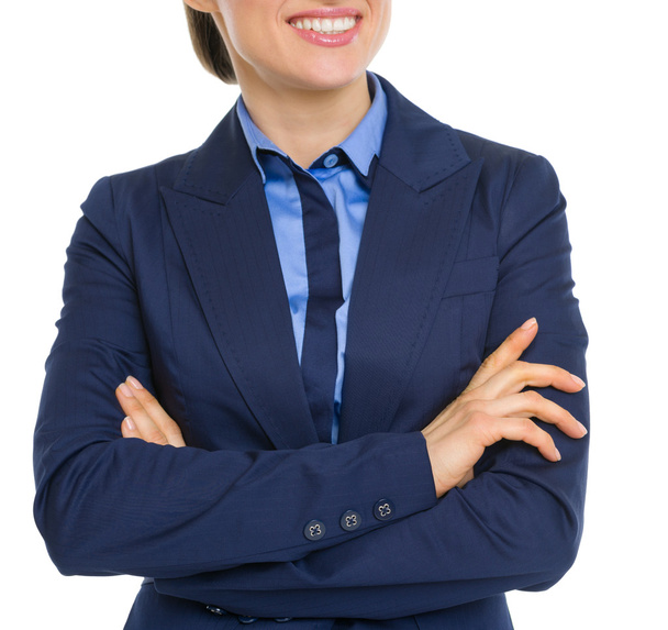 Closeup on happy business woman with crossed hands - Zdjęcie, obraz