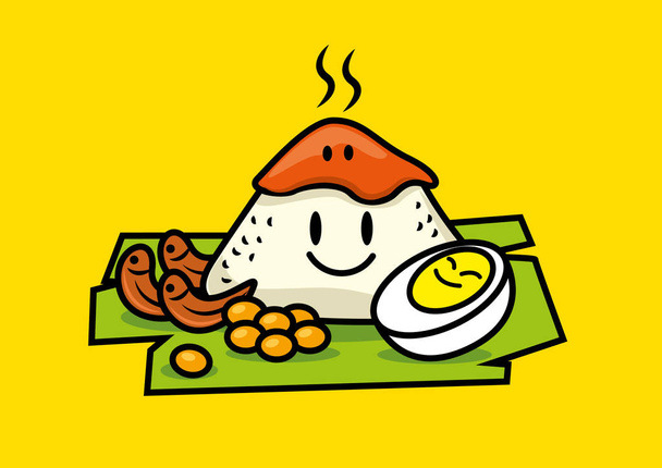 Nasi Lemak. Hagyományos maláj ételek. Aranyos karakterek Nasi Lemak rizs, főtt tojás, földimogyoró, banán levél. Fűszeres Sambal tetején a rizs. - Vektor, kép