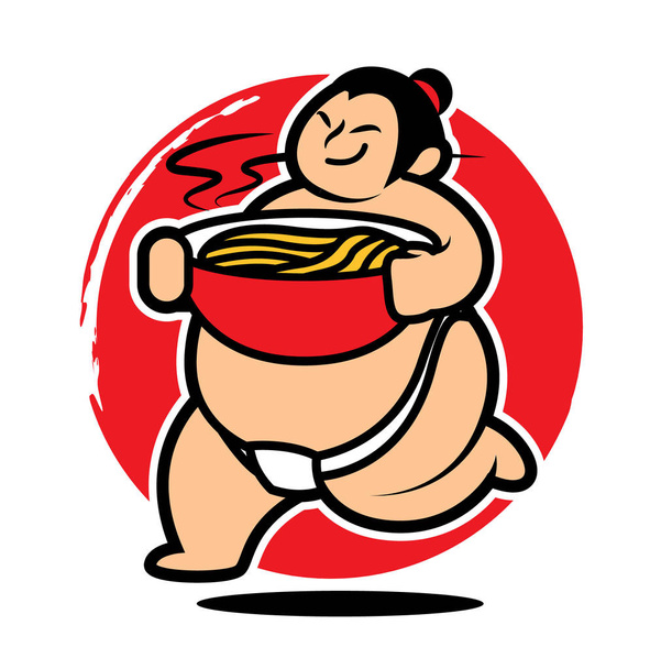 Tlustý Sumo hráči dodat velkou misku horké ramen, pozadí červená tečka, vektorové ilustrace charakter - Vektor, obrázek