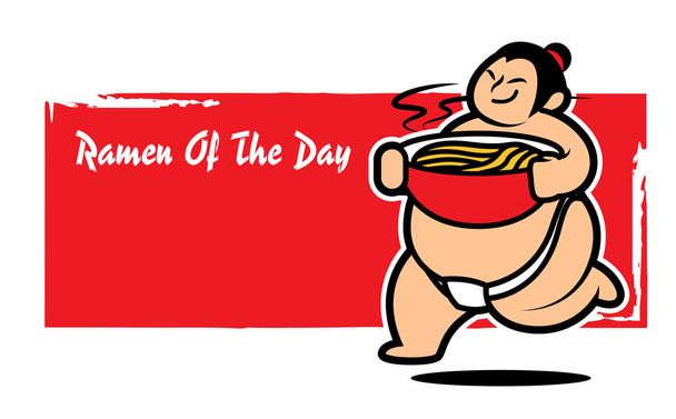 Cute Sumo player holding a bowl of noodle with large red menu signage - vector cartoon illustration - Vector, Image