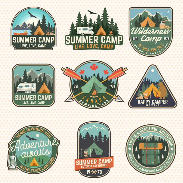 Set of Summer camp patches. Vector. Concept for shirt, stamp, apparel or tee. Vintage design with lantern, pocket knife, campin tent, axe, mountain, campfire and forest silhouette. - Vector, Image