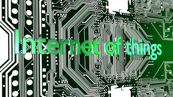 Palabras Internet de las cosas en verde en la parte superior de la placa de circuito
 - Foto, Imagen
