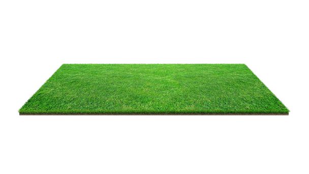 Зеленое травяное поле изолировано на белом с подстриженной дорожкой. Спортивное поле. Летние командные игры. Место для занятий спортом и отдыха
. - Фото, изображение