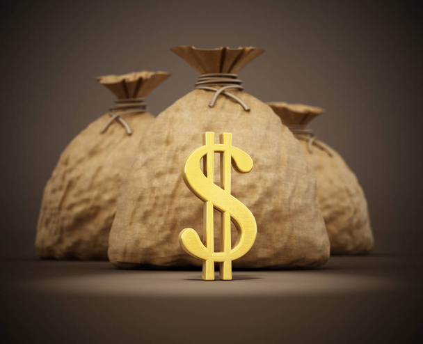 Money sacks with gold dollar icons. 3D illustration - Valokuva, kuva