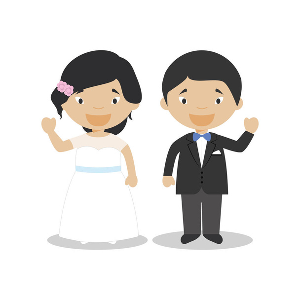 Oosterse jonggehuwde paar in cartoon stijl vectorillustratie - Vector, afbeelding