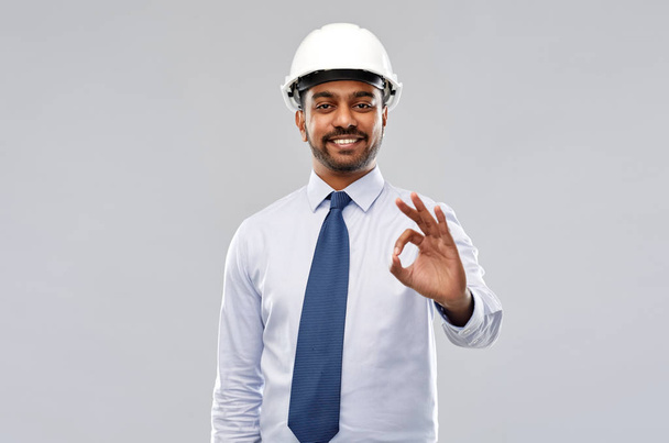 architect or businessman in helmet showing ok - Φωτογραφία, εικόνα