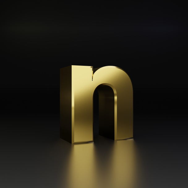 Golden letter N lowercase. 3D render shiny metal font isolated on black background - Photo, Image