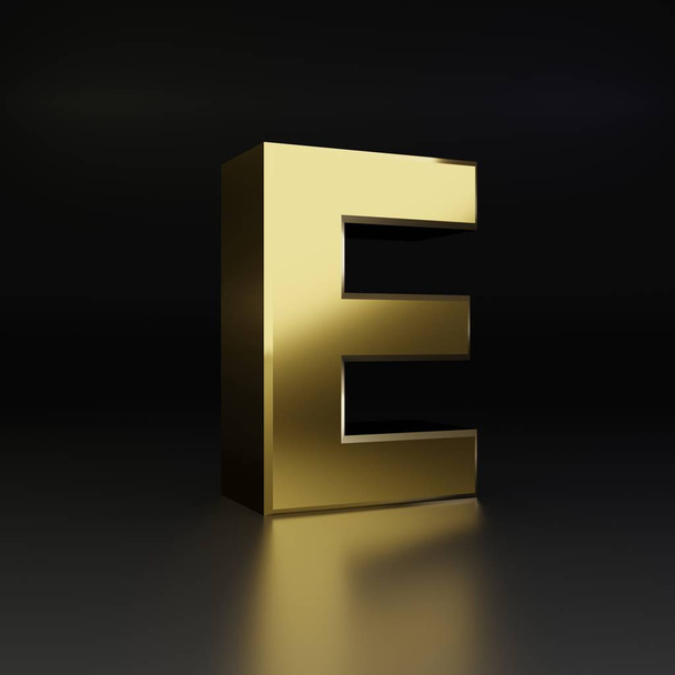 Letra dorada E mayúscula. 3D render shiny metal fuente aislada sobre fondo negro
 - Foto, Imagen