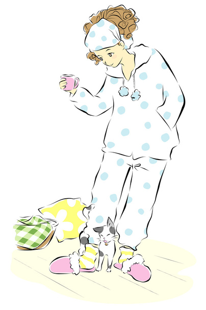 junge Frau im Pyjama mit einer kleinen Katze - Vektor, Bild