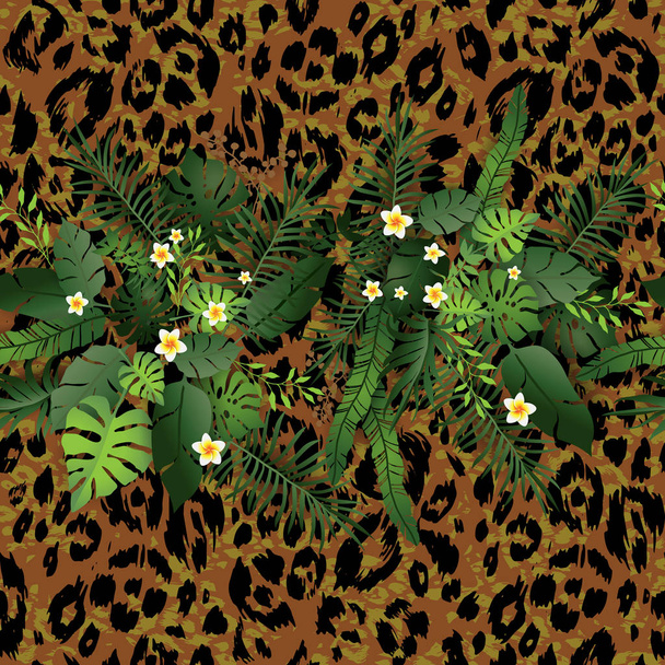 Fiori e foglie tropicali sullo sfondo della pelle animale
 - Vettoriali, immagini