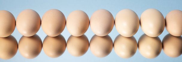 Brown eggs laid out in a long row on a mirror on a blue background - Foto, Imagem