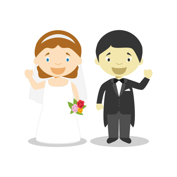 Caucasian bride and oriental bridegroom Interracial newlywed couple in cartoon style Vector illustration - Vector, Image