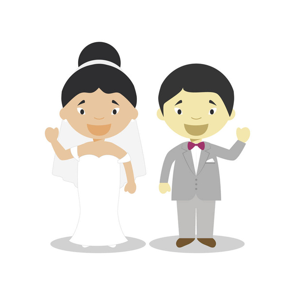 オリエンタルメスティーソ花嫁とオリエンタルな花婿の、漫画のスタイルのベクターイラストで異人種新婚のカップル - ベクター画像