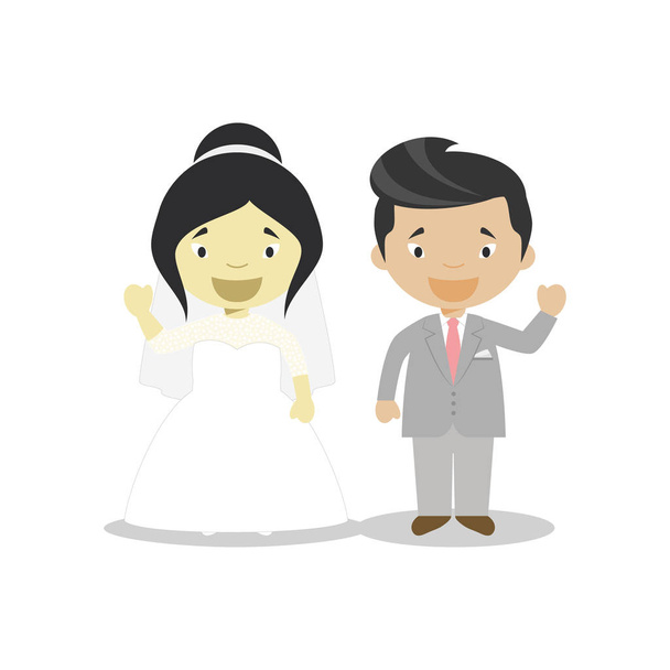 Sposa orientale e orientale meticcia sposo Interrazziale coppia di sposi novelli in stile cartone animato Illustrazione vettoriale
 - Vettoriali, immagini