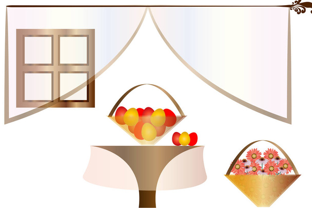 Пасхальна ілюстрація - домашня сцена інтер'єру - кошик з великодніми яйцями на столі та квітучими весняними квітами
  - Фото, зображення