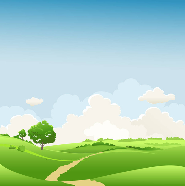 Summer landscape for design banner, green grass and blue sky   - Вектор,изображение