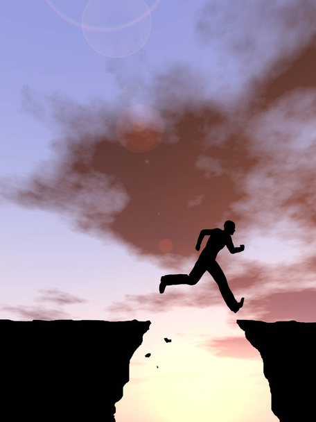 Käsitteellinen tai käsitteellinen nuori 3D-kuvitus mies tai liikemies siluetti hypätä onnellinen kalliolta kuilun yli auringonlasku tai auringonnousu taivas tausta
  - Valokuva, kuva