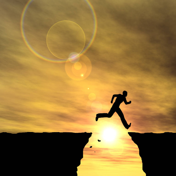Concepto o conceptual joven 3D ilustración hombre o hombre de negocios silueta salto feliz desde el acantilado sobre la brecha puesta de sol o amanecer cielo fondo
  - Foto, imagen