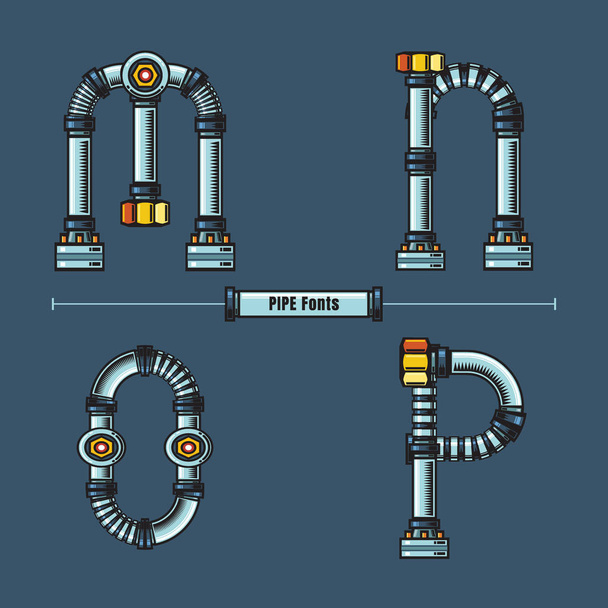 Alphabet Metal pipes style in a set MNOP fonts comic vector - Вектор, зображення