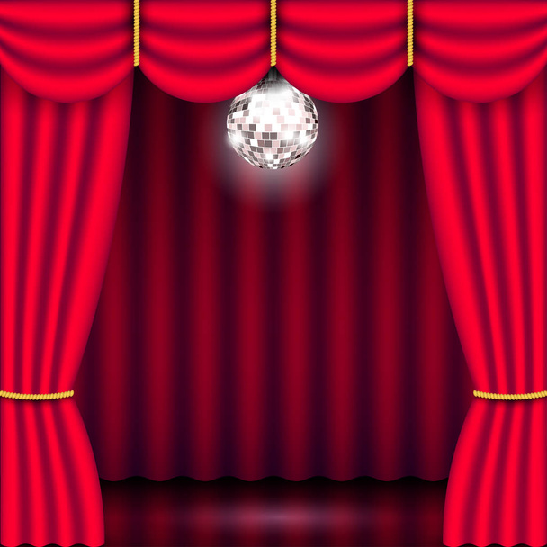 Teatru etapie, czerwone zasłony i lustro piłkę - Wektor, obraz