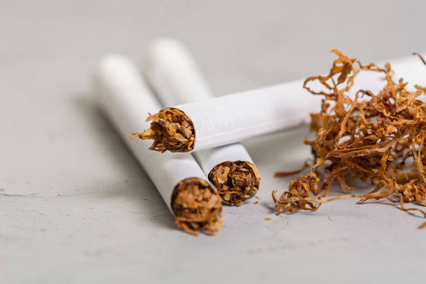 De weergave van de macro van de sigaretten en tabak stack. De Tabaksplant is onderdeel van het geslacht nicotiana en de familie van de nachtschadefamilie (Solanaceae). Close-up met kopie plakken ruimte, in de grijze achtergrond - Foto, afbeelding