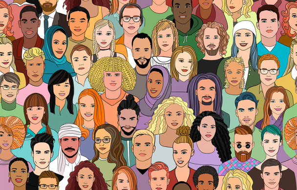 A large set of faces of young people of different nationalities. Seamless drawn creative pattern. - Vector, Image
